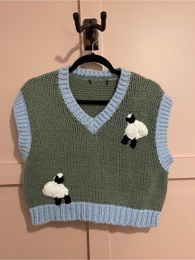 Handknit Green & Light Blue Sheep Embroidered Sweater Vest